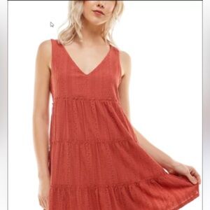 Crystal Doll Rust Eyelet Tiered V‑Neck Sundress